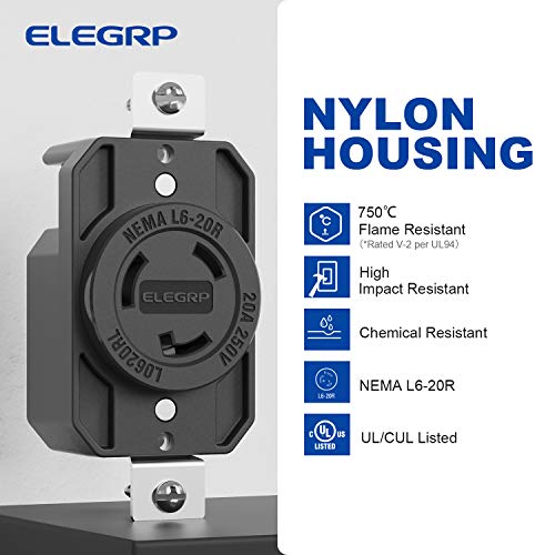 ELEGRP NEMA L6-20R Twist Lock Outlet, 20A 250V, 2 Pole 3 Wire Grounding, Heavy-Duty Design