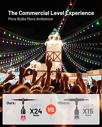 Smart Outdoor RGB String Dimmable Lights Color Changing APP WiFi Control 48FT 24 LED Acrylic IP65 Waterproof Bulbs for any Garden or Holiday Party