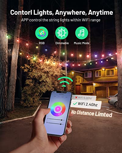 Smart Outdoor RGB String Dimmable Lights Color Changing APP WiFi Control 48FT 24 LED Acrylic IP65 Waterproof Bulbs for any Garden or Holiday Party
