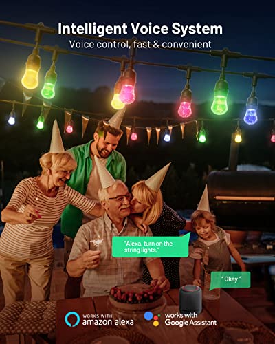 Smart Outdoor RGB String Dimmable Lights Color Changing APP WiFi Control 48FT 24 LED Acrylic IP65 Waterproof Bulbs for any Garden or Holiday Party