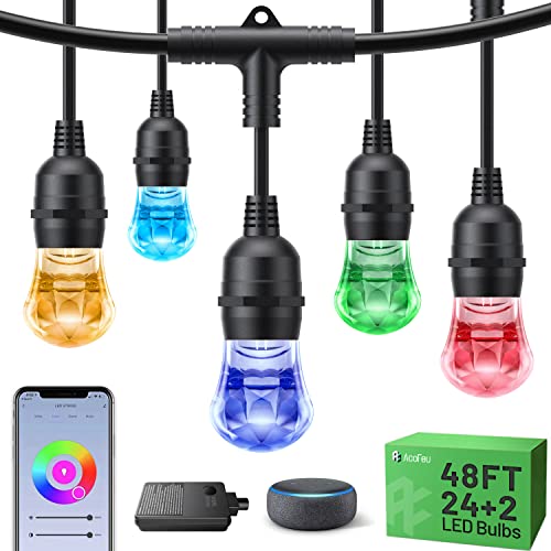 Smart Outdoor RGB String Dimmable Lights Color Changing APP WiFi Control 48FT 24 LED Acrylic IP65 Waterproof Bulbs for any Garden or Holiday Party