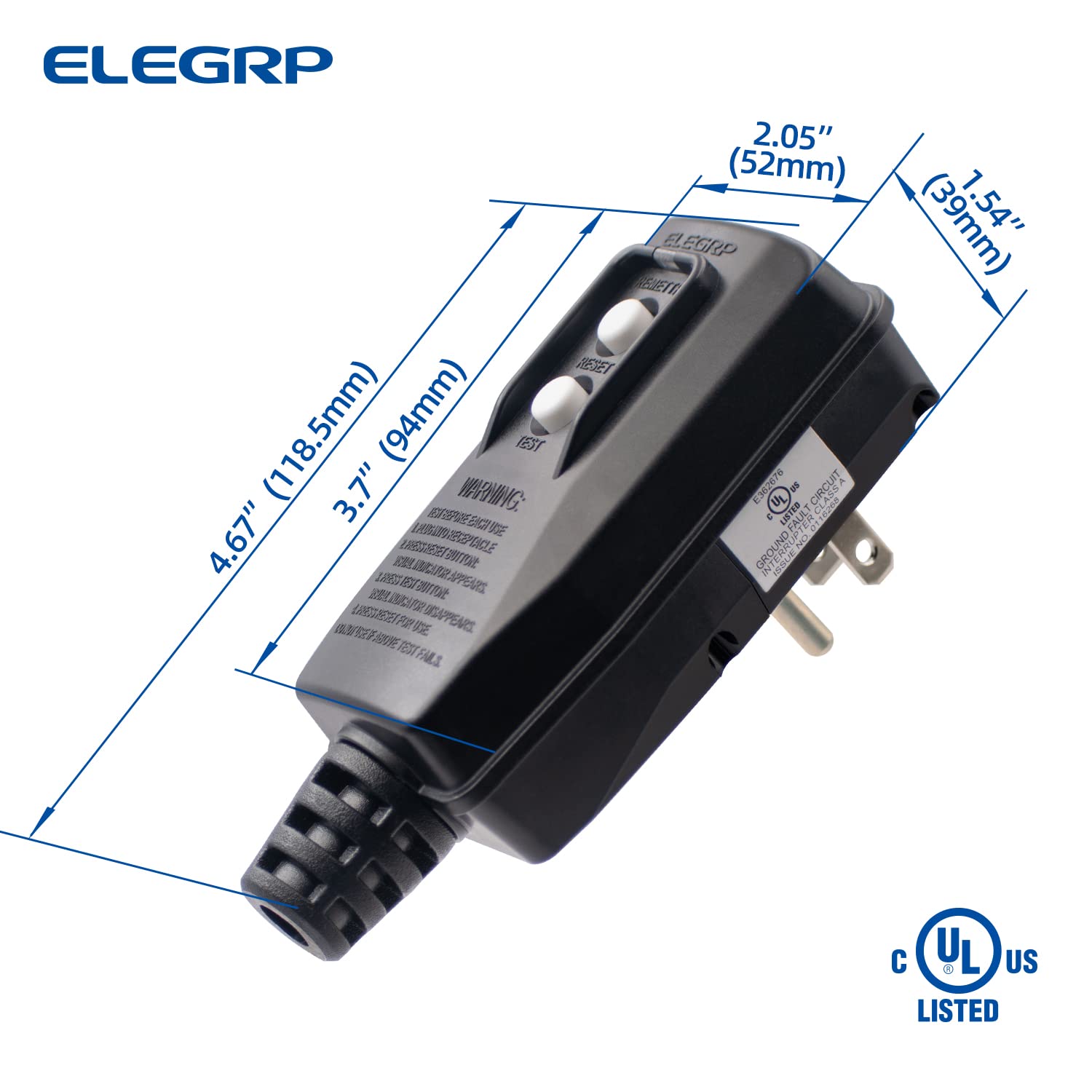ELEGRP Portable Plug-in GFCI Replacement Plug, 5-15P 3-Prong Grounding, Manual or Auto Reset, for Power Washer & Pool Pump, UL Listed