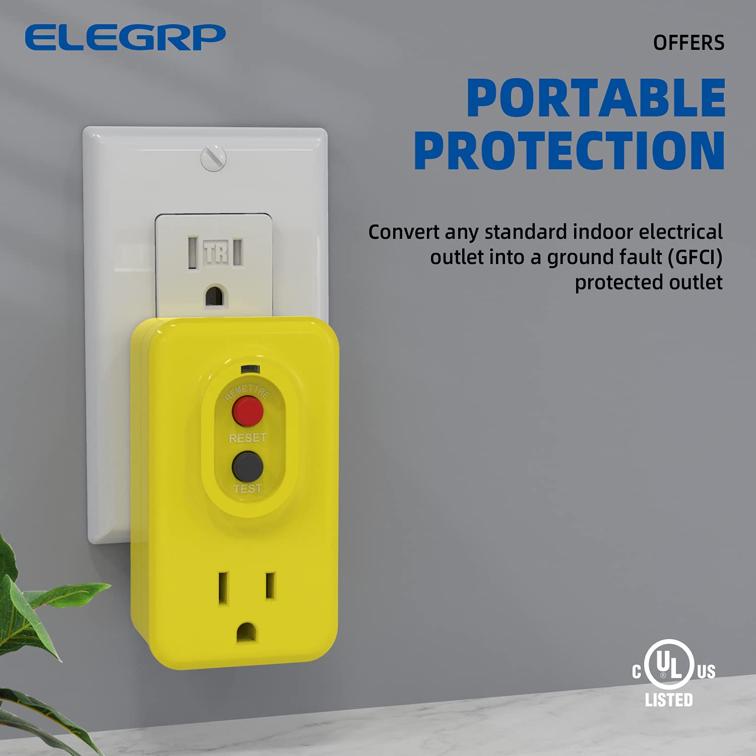 ELEGRP Portable GFCI Adapter, Single Outlet, 5-15P 3-Prong Grounding, Manual or Auto Reset, 15A 125V, UL Listed