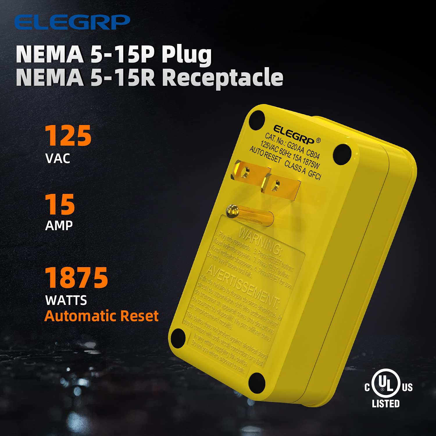 ELEGRP Portable GFCI Adapter, Single Outlet, 5-15P 3-Prong Grounding, Manual or Auto Reset, 15A 125V, UL Listed